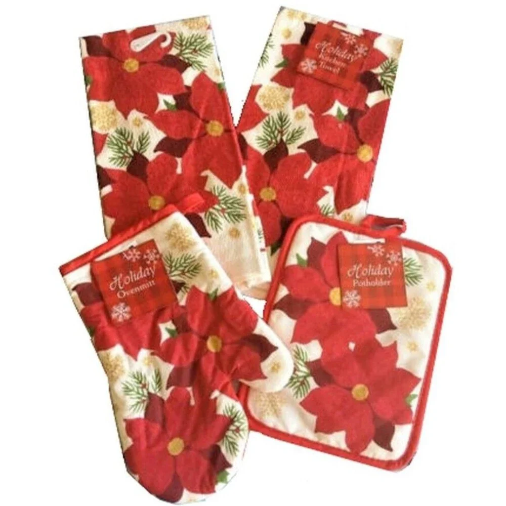 Christmas Dish Towels Kitchen Oven Mitt Potholder Poinsettia Holiday Set Of 4